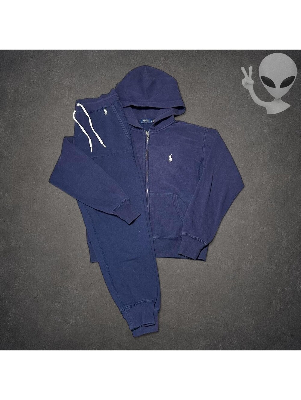 Polo Ralph Lauren Fleece Sweatsuit Set Navy Blue Full Zip Hoodie Joggers Mens S